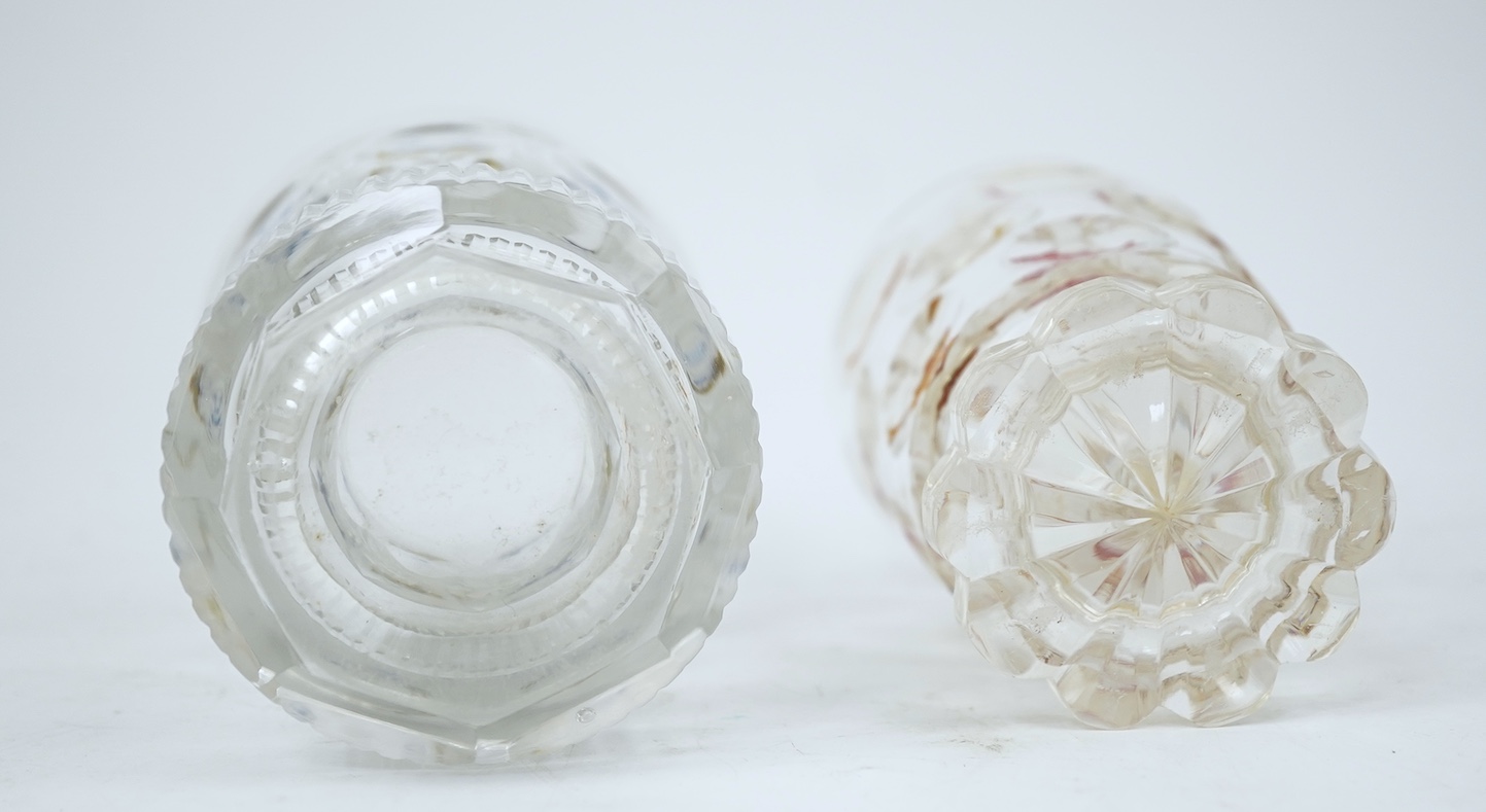 Two Bohemian transparent enamelled ‘fish’ beakers, and a similar faceted goblet, c.1840-60